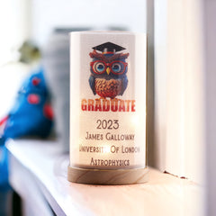 Personalised Graduation Owl Congratulation Gift Night Lamp With Wood Base