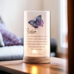 Personalised Sister Gift Beautiful Night Lamp With Wood Base and Sentiment