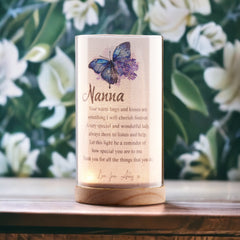 Personalised Nanna Gift Beautiful Night Lamp With Wood Base and Sentiment