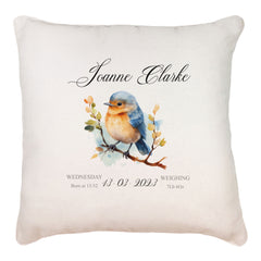 Personalised Baby Birth Nursery Cushion Present With Woodland Robin