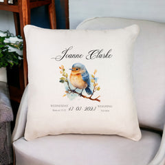 Personalised Baby Birth Nursery Cushion Present With Woodland Robin