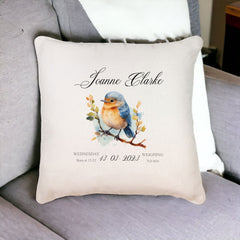 Personalised Baby Birth Nursery Cushion Present With Woodland Robin