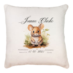 Personalised Baby Birth Nursery Cushion Present With Woodland Mouse