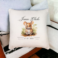 Personalised Baby Birth Nursery Cushion Present With Woodland Mouse