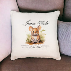 Personalised Baby Birth Nursery Cushion Present With Woodland Mouse