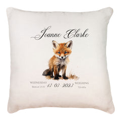 Personalised Baby Birth Nursery Cushion Present With Woodland Fox