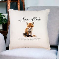 Personalised Baby Birth Nursery Cushion Present With Woodland Fox