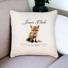 Personalised Baby Birth Nursery Cushion Present With Woodland Fox