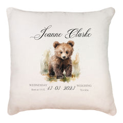 Personalised Baby Birth Nursery Cushion Present With Woodland Bear