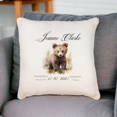 Personalised Baby Birth Nursery Cushion Present With Woodland Bear