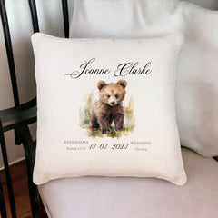 Personalised Baby Birth Nursery Cushion Present With Woodland Bear