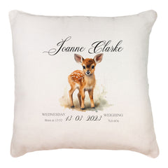 Personalised Baby Birth Nursery Cushion Present With Woodland Deer