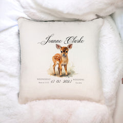 Personalised Baby Birth Nursery Cushion Present With Woodland Deer