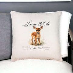 Personalised Baby Birth Nursery Cushion Present With Woodland Deer