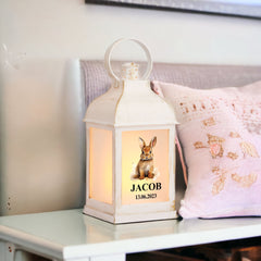 Personalised Baby Lamp Lantern Night Light With Woodland Bunny