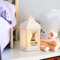 Personalised Baby Lamp Lantern Night Light With Woodland Bunny