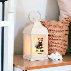 Personalised Baby Lamp Lantern Night Light With Woodland Bear