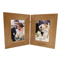 Personalised Solid Oak Wood Double Photo Frame With Any Engraving Plain Text