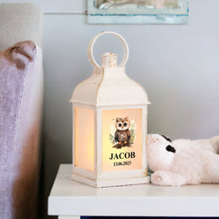 Personalised Baby Lamp Lantern Night Light With Woodland Owl