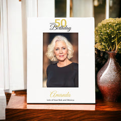 Personalised 50th Birthday Photo Frame Portrait With Name and Sentiment