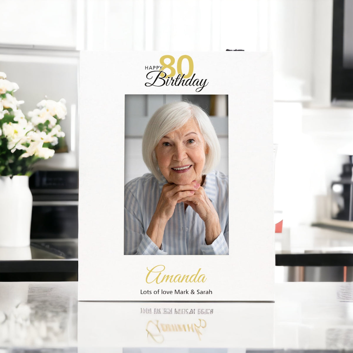 Personalised 80th Birthday Photo Frame Portrait With Name and Sentiment