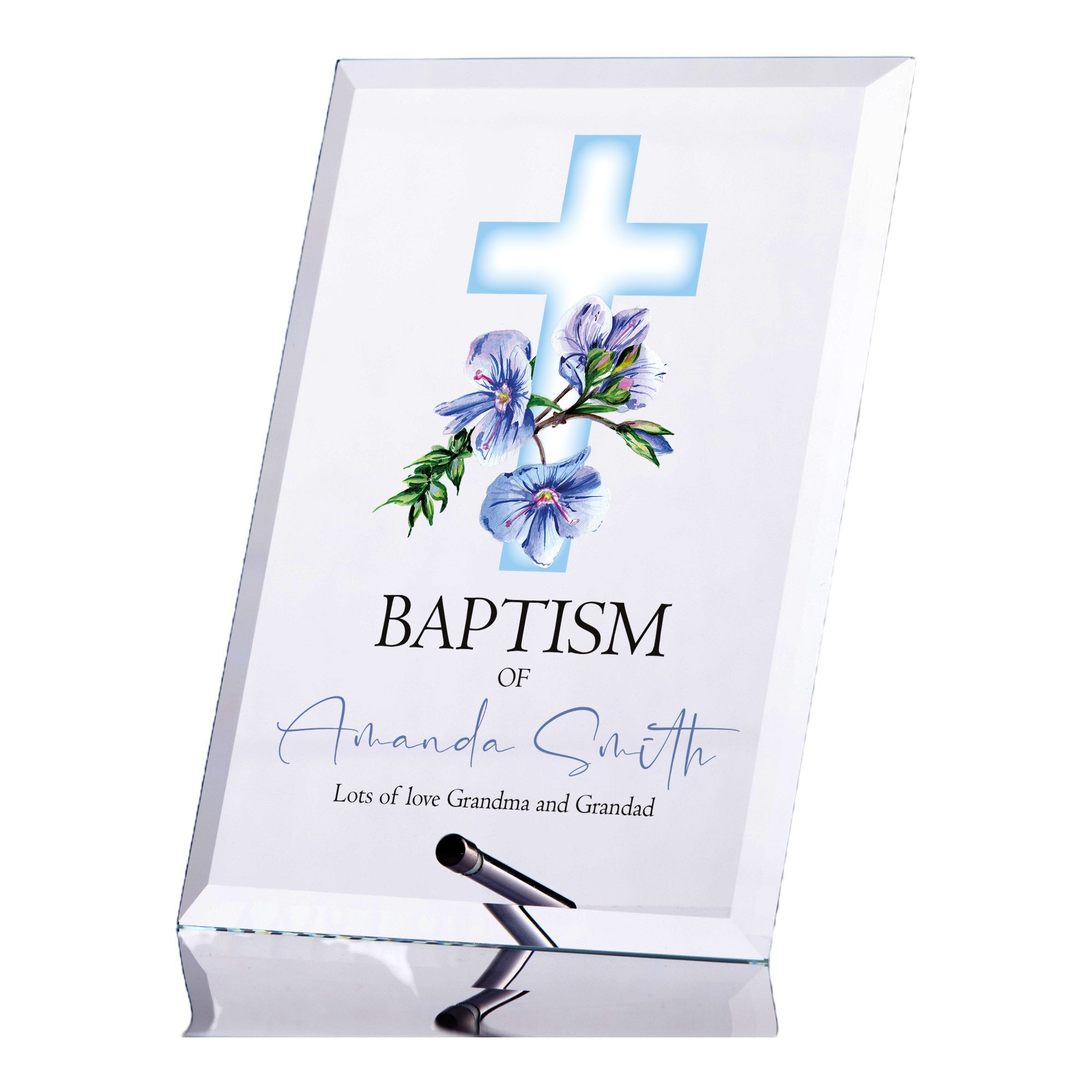 Personalised Blue Keepsake Plaque Gift With Green Floral Cross