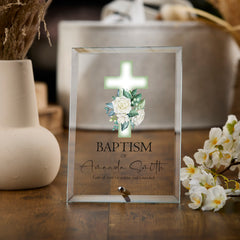 Personalised Baptism Keepsake Plaque Gift With Green Floral Cross