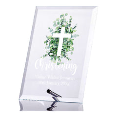 Personalised Christening Keepsake Plaque Gift With Green Leaf Cross