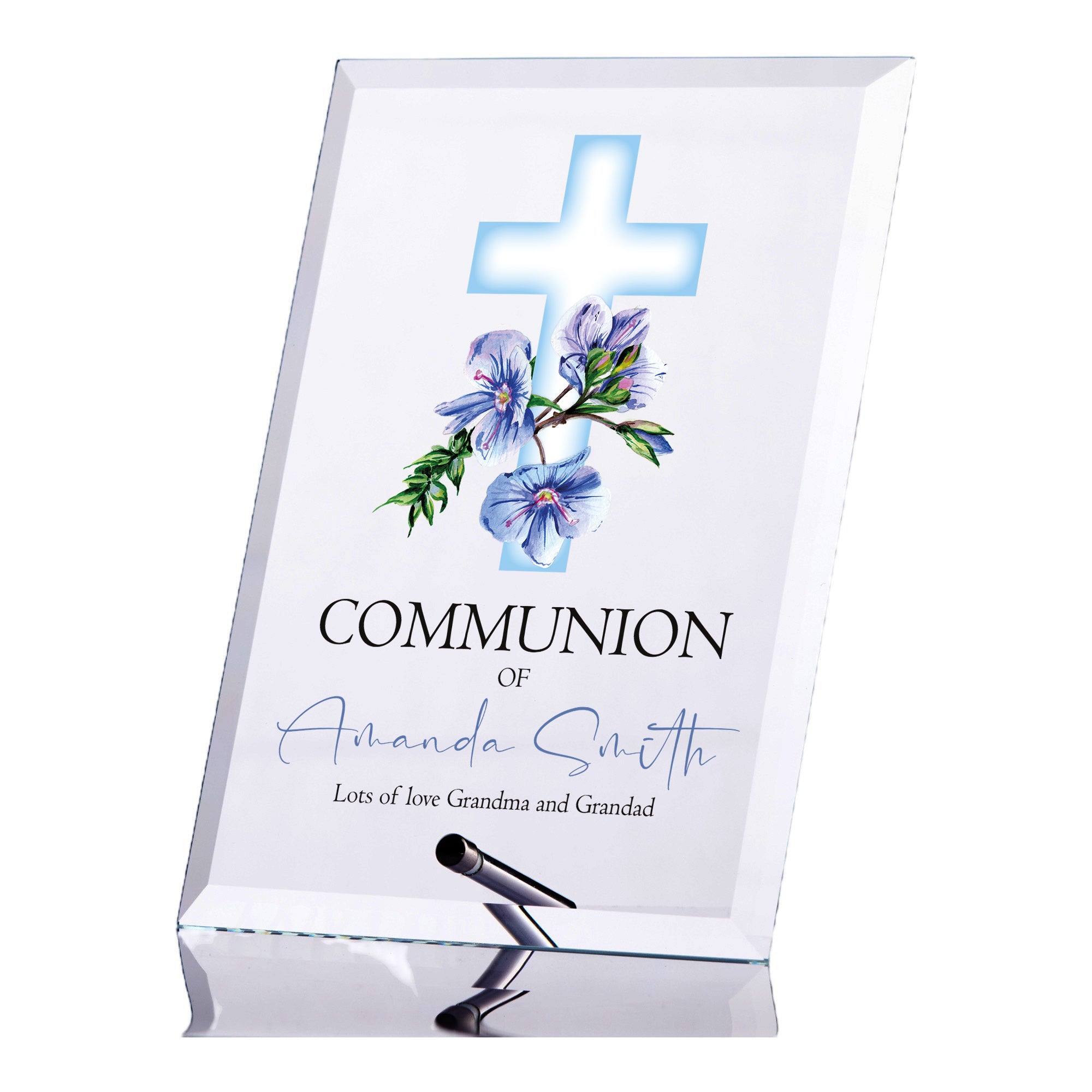 Personalised Communion Keepsake Plaque Gift With Blue Floral Cross