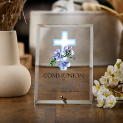 Personalised Communion Keepsake Plaque Gift With Blue Floral Cross