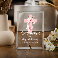 Personalised Communion Keepsake Plaque Gift With Pink Magnolia Cross