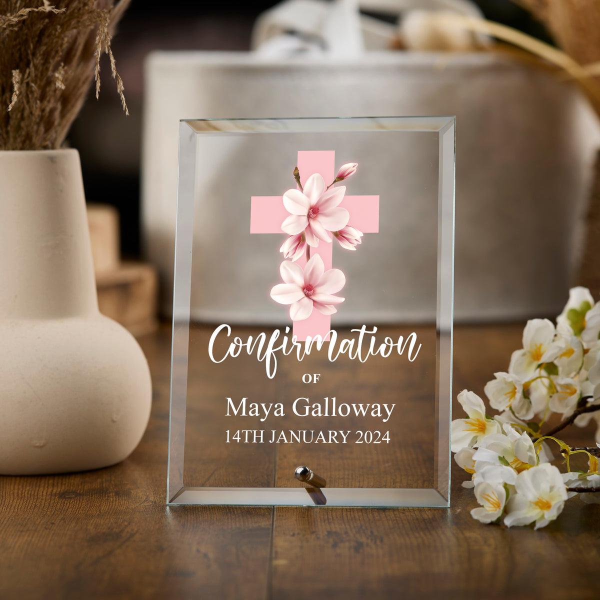 Personalised Confirmation Keepsake Plaque Gift With Pink Magnolia Floral Cross