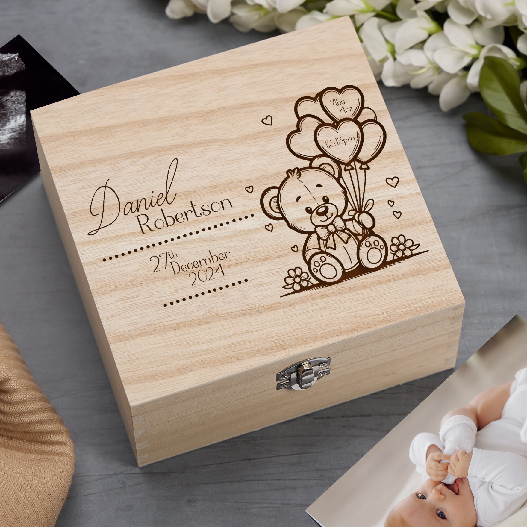 Personalised Engraved Memory Baby Keepsake Box Gift With Cute Teddy and Balloons