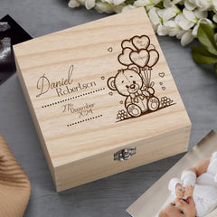 Personalised Engraved Memory Baby Keepsake Box Gift With Cute Teddy and Balloons