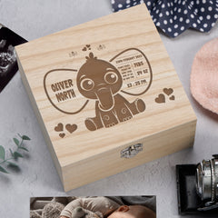 Personalised Wooden Memory Keepsake Box Gift With Cute Elephant Boys and Girls