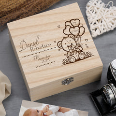 Personalised Engraved Memory Baby Keepsake Box Gift With Cute Teddy and Balloons