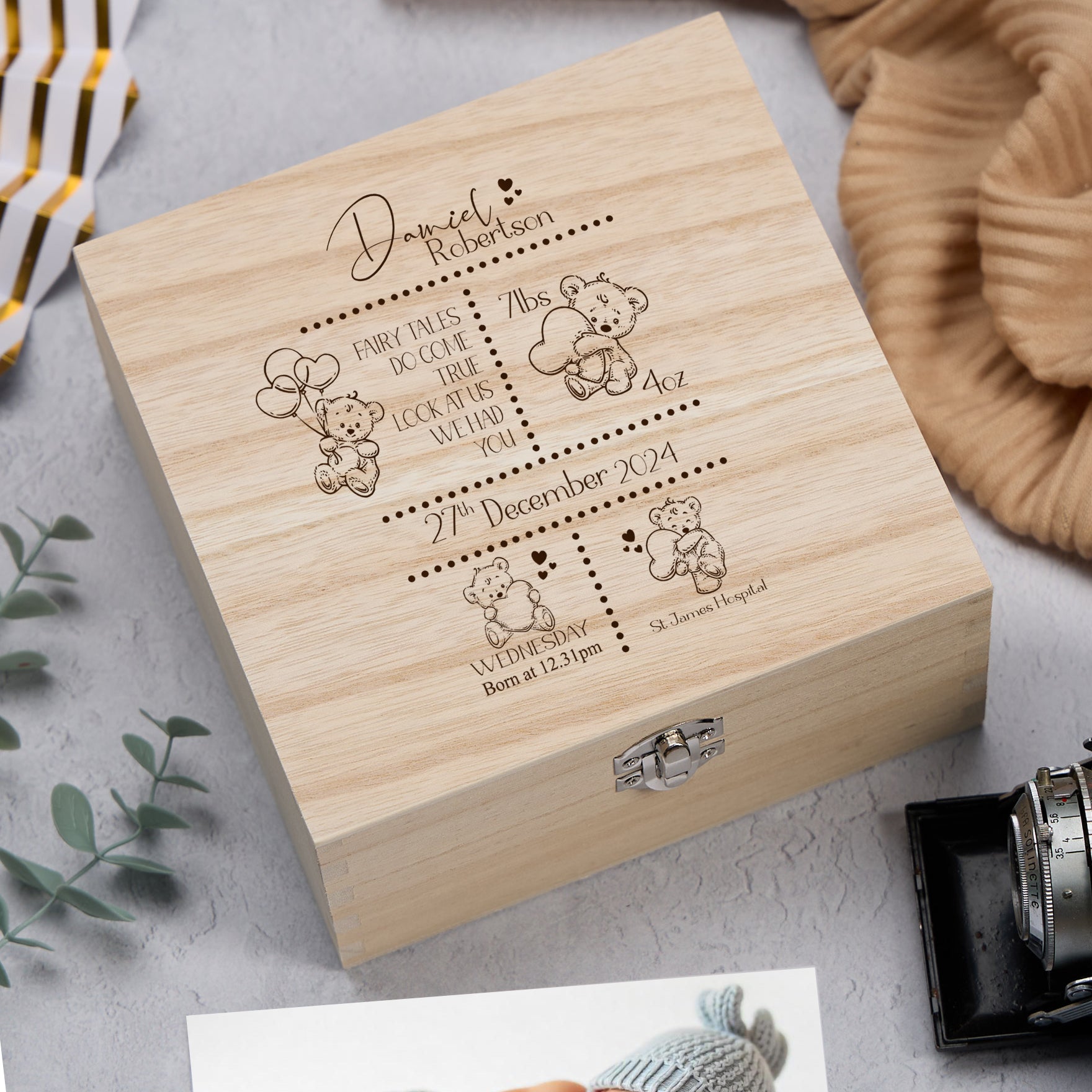 Personalised Teddy Memory Baby Keepsake Box Gift With Birth Details