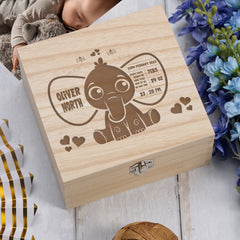 Personalised Wooden Memory Keepsake Box Gift With Cute Elephant Boys and Girls