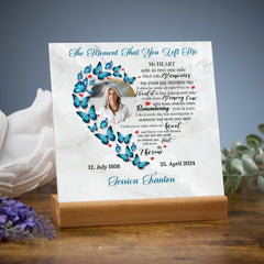 Personalised Condolence Memorial Sympathy Gift Plaque With Photo Butterfly Heart