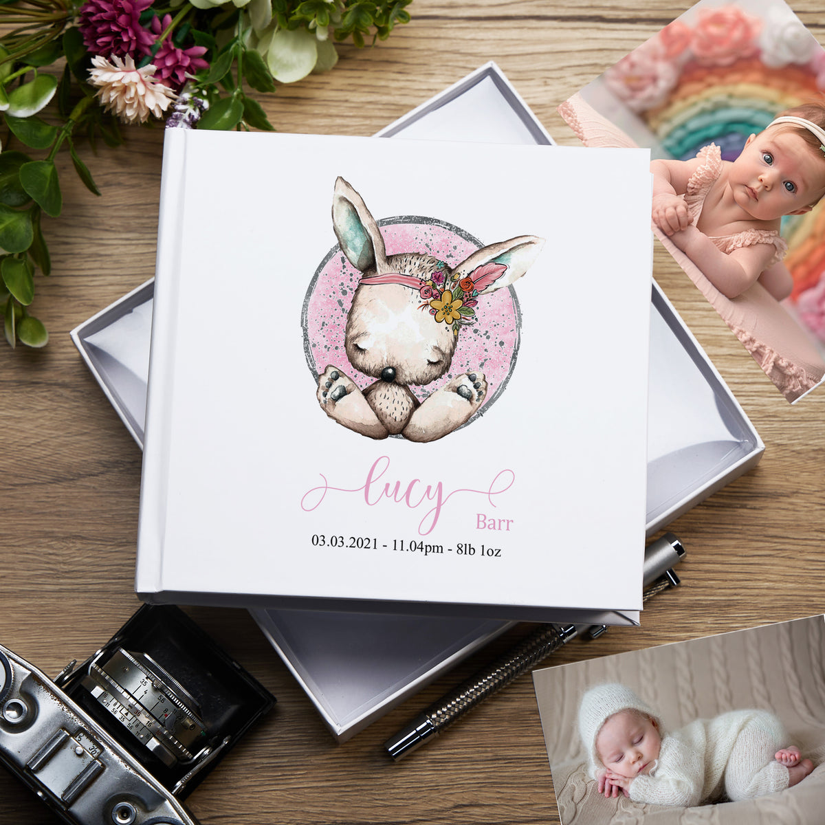 ukgiftstoreonline Personalised Baby Girl Photo Album Gift Sitting Rabbit