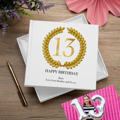 Personalised 13th Birthday Gift for Him Photo Album Gold Wreath Design