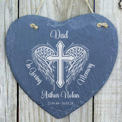 Personalised Angel Wings and Cross Memorial Condolence Slate Heart Engraved