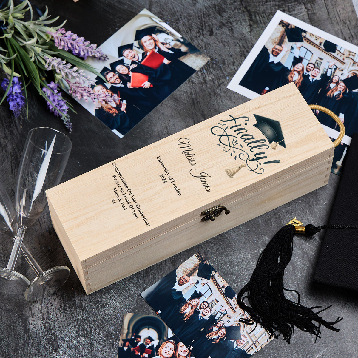 Personalised Graduation Wooden Wine or Champagne Finally Graduated