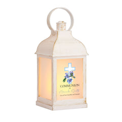 Personalised Communion Lantern Light Candle With Blue Cross