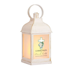 Personalised Communion Lantern Light Candle With Green Cross