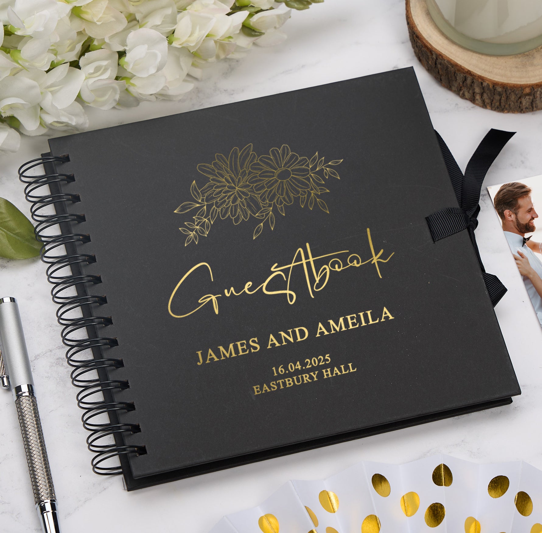 Personalised Custom Foil Wedding Guestbook With Delicate Flowers and Multiple Colours