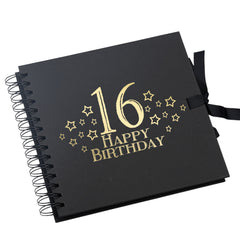 16th Birthday Black Scrapbook, Guest Book Or Photo Album with Gold Script