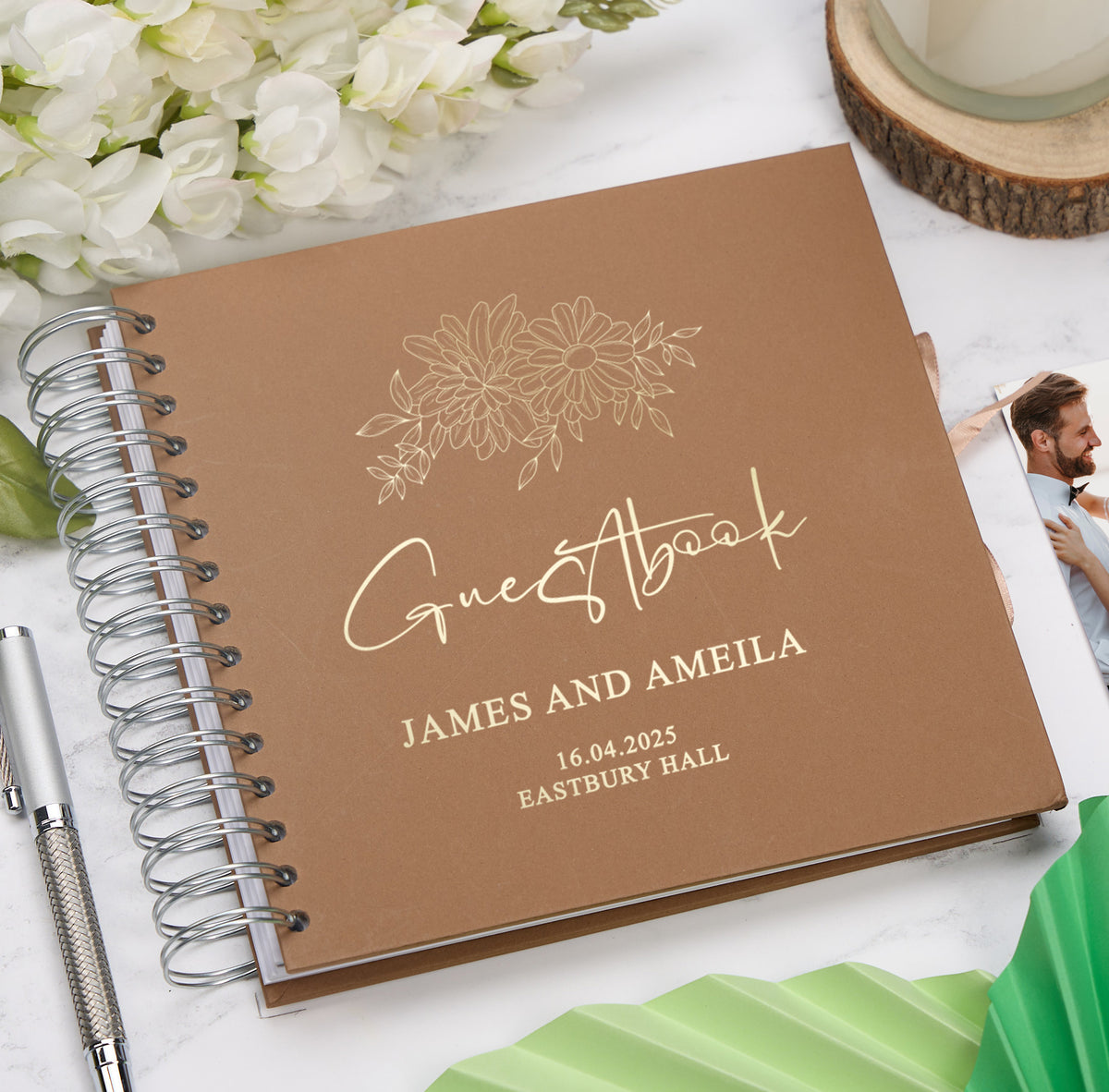 Personalised Custom Foil Wedding Guestbook With Delicate Flowers and Multiple Colours