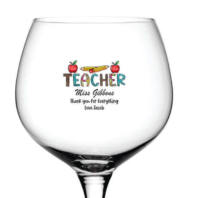 Personalised  Teacher Cocktail Gin Drink Glass Gift With Apples and Pencils