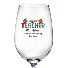 Personalised Teacher Wine Glass Gift For Her Pencils and Apples